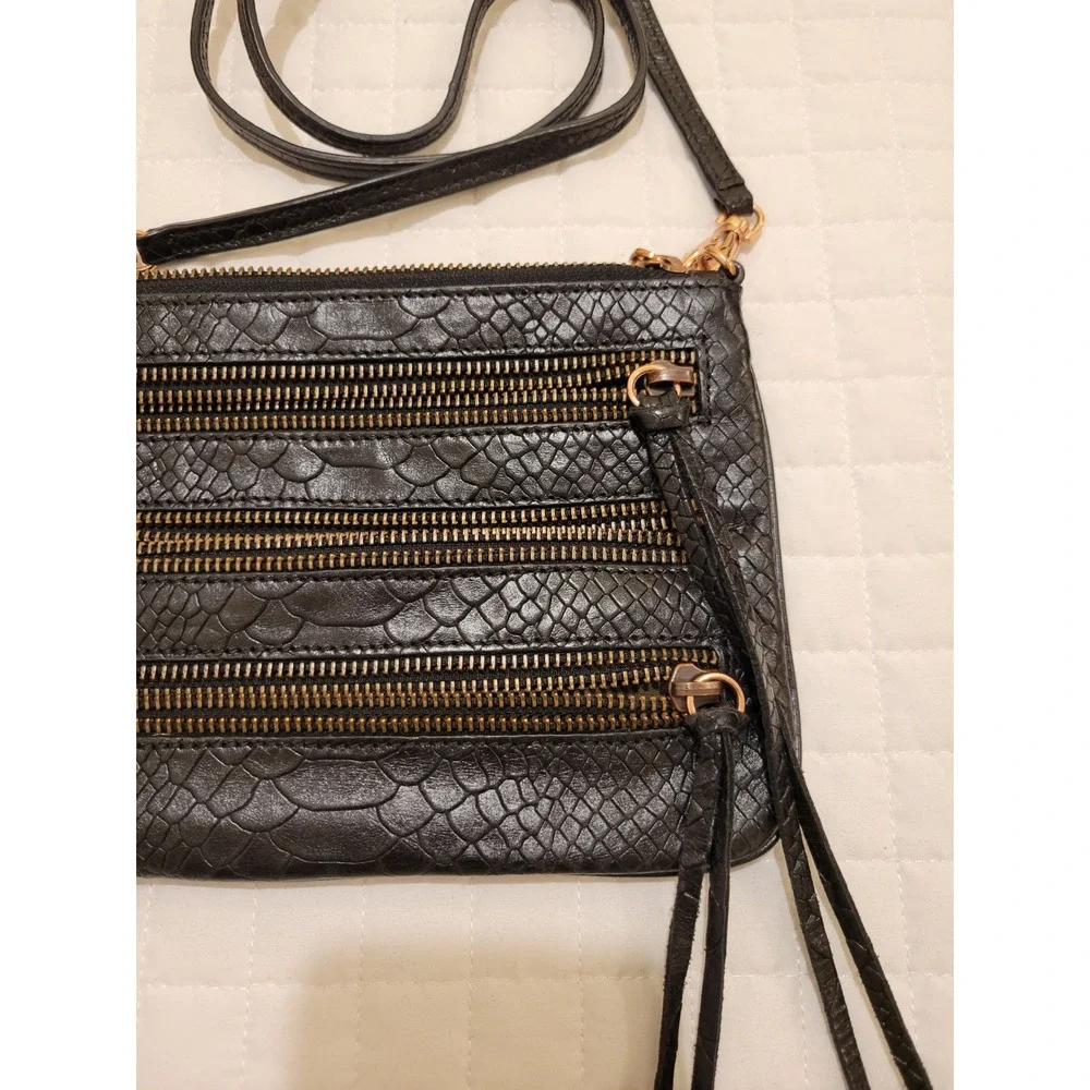 Rebecca Minkoff 3-Zipper Black Snake Embossed Crossbody Leather Bag Moto Goth